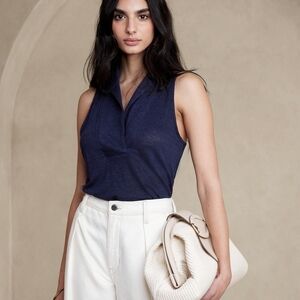 Banana Republic Linen Top  Navy Sleeveless Top Baby Doll Crisscross Women's L